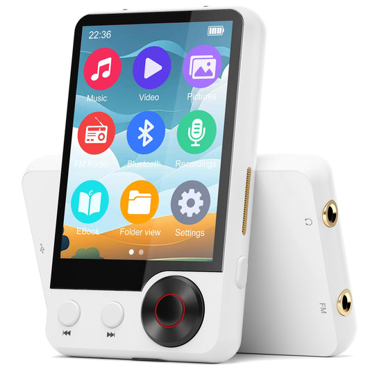 128GB MP3 player with Bluetooth 5.3, 2.4" touchscreen, HiFi digital audio music player with dual headphone jacks, built-in HD speaker, voice recorder, FM radio, supports up to 128GB.