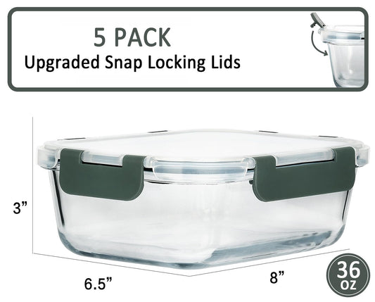 MCIRCO Glass Food Storage Containers 1040ml | Set of 5 Click-It Containers with Lids | Silicone Seal Ring | Glass Containers with Lids | Meal Prep Glass