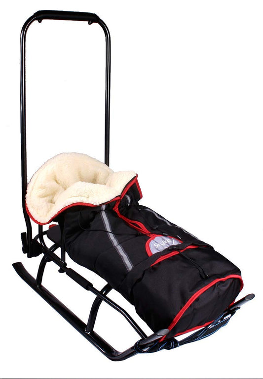 3-in-1 children's sledge with backrest, footmuff, push handle, and aluminum buckle (black & graphite)