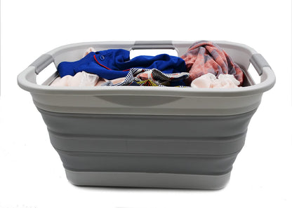SAMMART 30L Plastic Folding Laundry Basket - Foldable Pop-Up Storage Container/Organizer - Portable Wash Tub - Space-saving Basket (1, Gray)