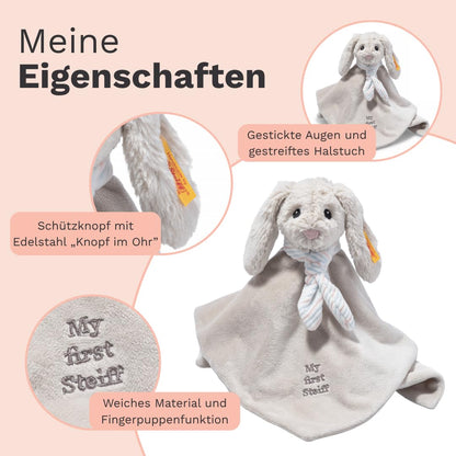 Steiff cuddly toy Hoppie Hare snuggle blanket, Cute stuffed animal, Boys, Girls & babies from 0 months, Friends, 26 cm, Light grey, 242250