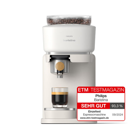 Philips Baristina Espresso Machine - Real Espresso, made simple. Compact coffee machine, natural white with ash wood portafilter, 16-bar pump pressure, automatic grinder, Cafe Crema (BAR302/20)