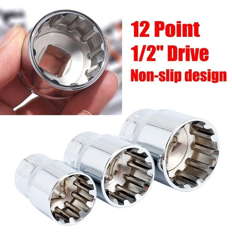 Multi-tooth socket set, 1/2-inch drive, metric, 8-32 mm, 12-point Cr-V socket set, 19 pieces.
