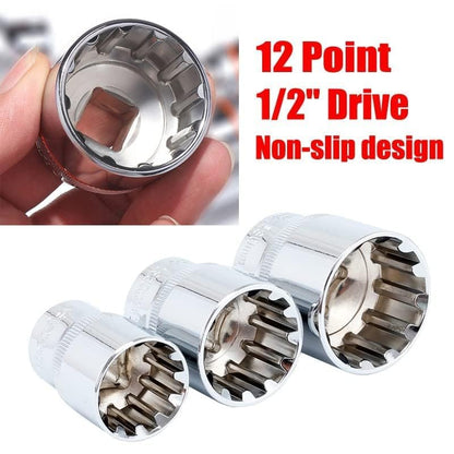 Multi-tooth socket set, 1/2-inch drive, metric, 8-32 mm, 12-point Cr-V socket set, 19 pieces.