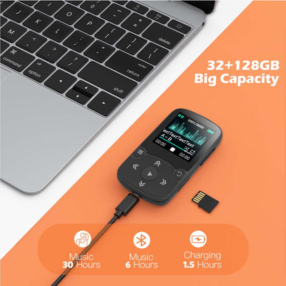 AGPTEK MP3 Player Bluetooth 5.3 Sport 32GB with 1.5 inch TFT color screen, Mini Music Player with clip, supports up to 128GB TF card, with volume button, FM radio, pedometer, Black.
