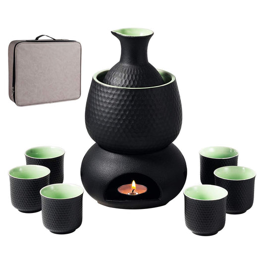 Sake set and cups with warmer and gift box, traditional Japanese porcelain for hot sake drinks, 9 pieces, including 1 stove, 1 warming tray, 1 sake bottle, 6 cups