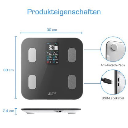Active Era Bluetooth Body Fat Scale with large LED display - Bluetooth body fat scale with 16 measurements, highly accurate body weight, Body Mass Index (BMI), Free smartphone app (Black)