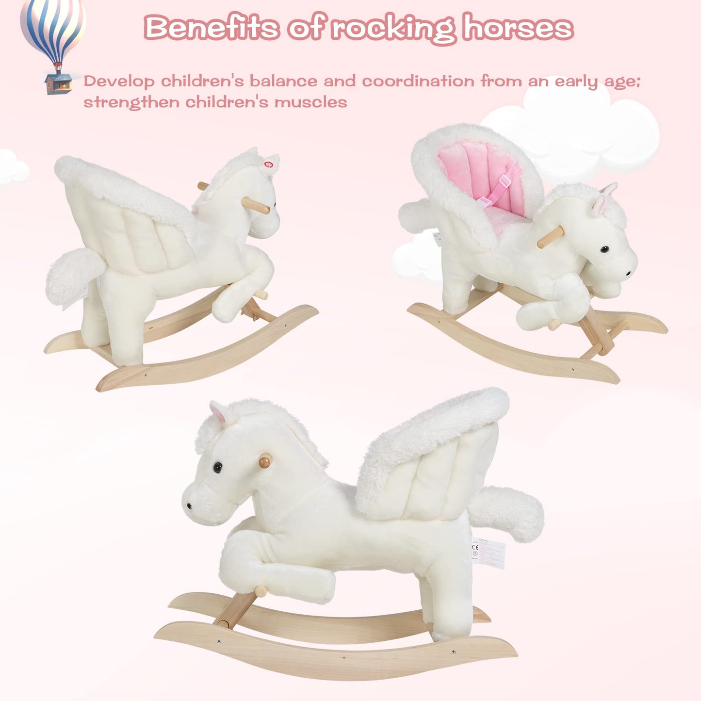 WOLTU Baby Rocking Horse Rocking Animal Rocking Seat Plush Rocking Toy with Strap, PP Cotton, White+Pink