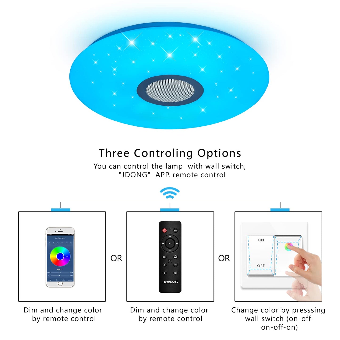 JDONG LED ceiling light with remote control and app, Bluetooth speaker, memory function, color changing, 54W warm/cold white, white noise, timer function, living room lamp bedroom ceiling lamp.