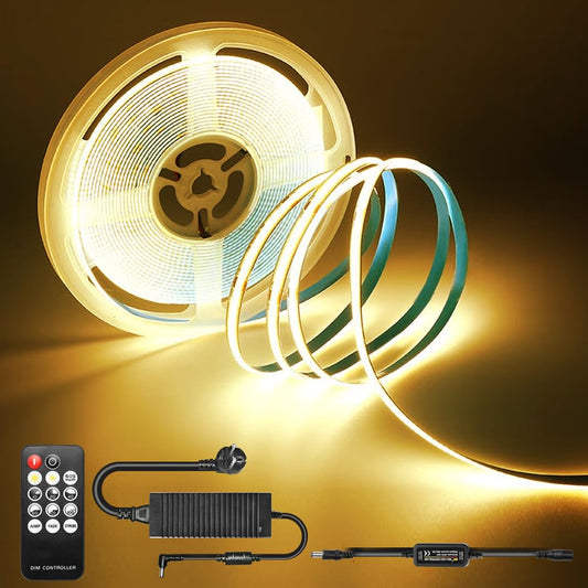COB LED strip 10m warm white, 24V LED strip warm white COB LED tape self-adhesive, 3000K 320LEDs/M high brightness flexible, dimmable COB LED strip 10m LED tape for indoor home kitchen decoration.