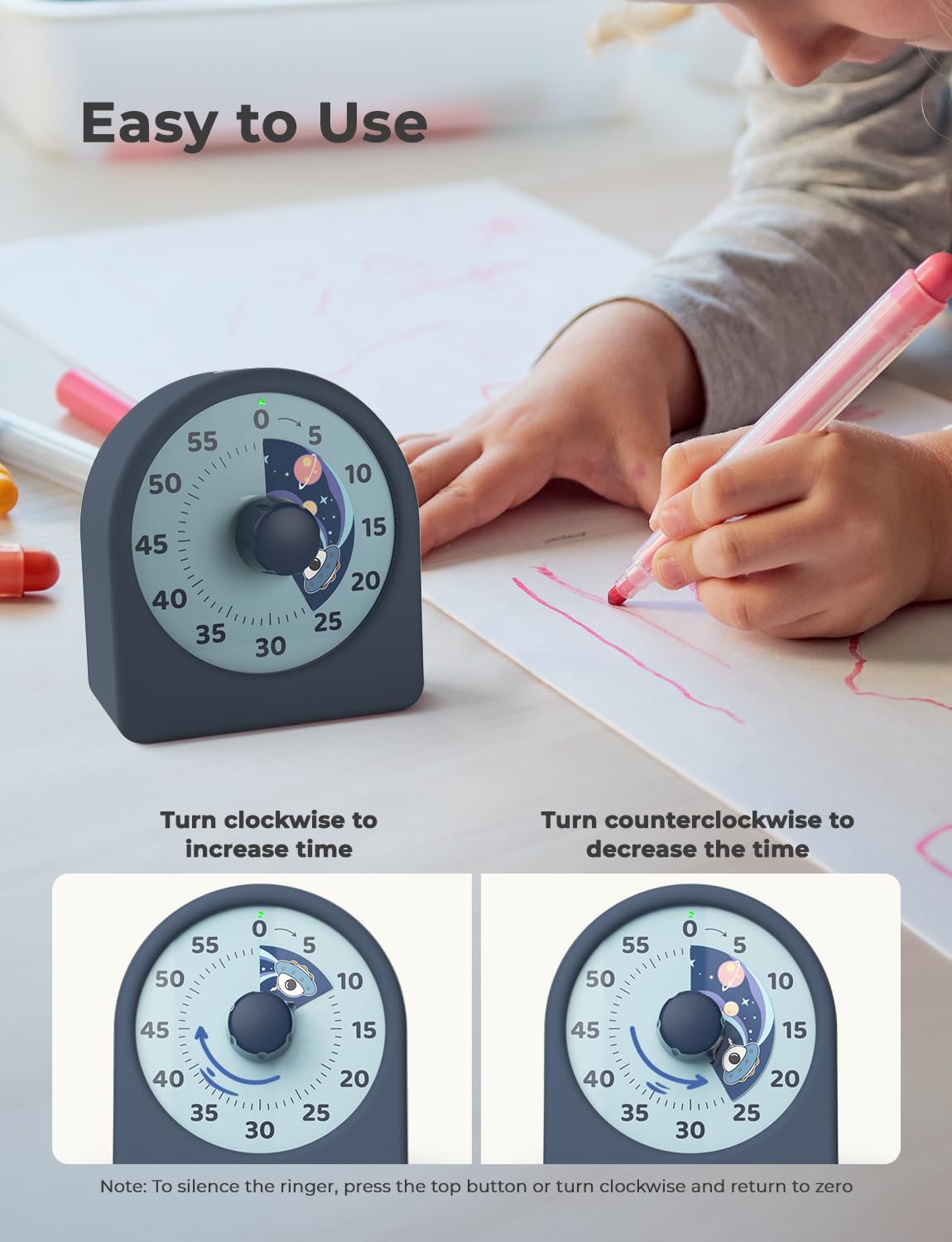 LIORQUE Visual Timer 60 Minutes Countdown Timer for Kids and Adults Quiet Short Term Timer with Silicone Case Pause Function Rechargeable Battery for Kitchen School Office (Blue)