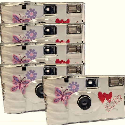5 x 1A PHOTO PORST Wedding Camera with butterfly/Disposable camera/Party camera (27 photos each, with flash, 5-pack)