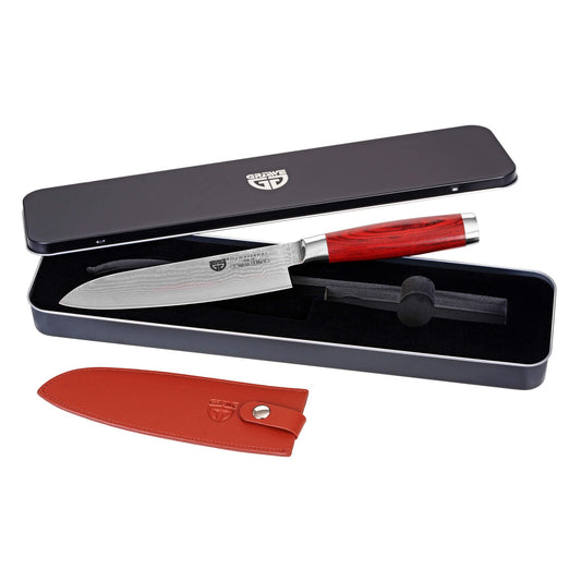 The GRÄWE Damascus knife is made of Damascus steel and features a sharp, large 17.5 cm blade. This Asian Santoku knife comes in a gift box.