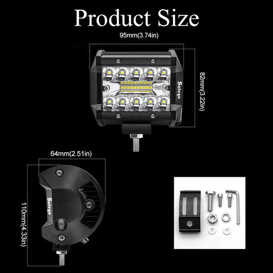 Safego 4 inch 60W LED work light with 6000LM, suitable for cars, off-road vehicles, trucks, excavators, SUVs, UTVs, and ATVs. IP67 waterproof and ideal for use on tractors. Set of 4 lights.