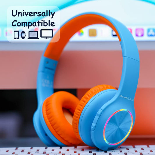PowerLocus Kids Bluetooth Headphones, Wireless Headphones with LED Lights and 94DB Volume Limitation, Foldable Design, HD Stereo, Micro SD, Built-in Microphone for School/Laptop/Phone/TV