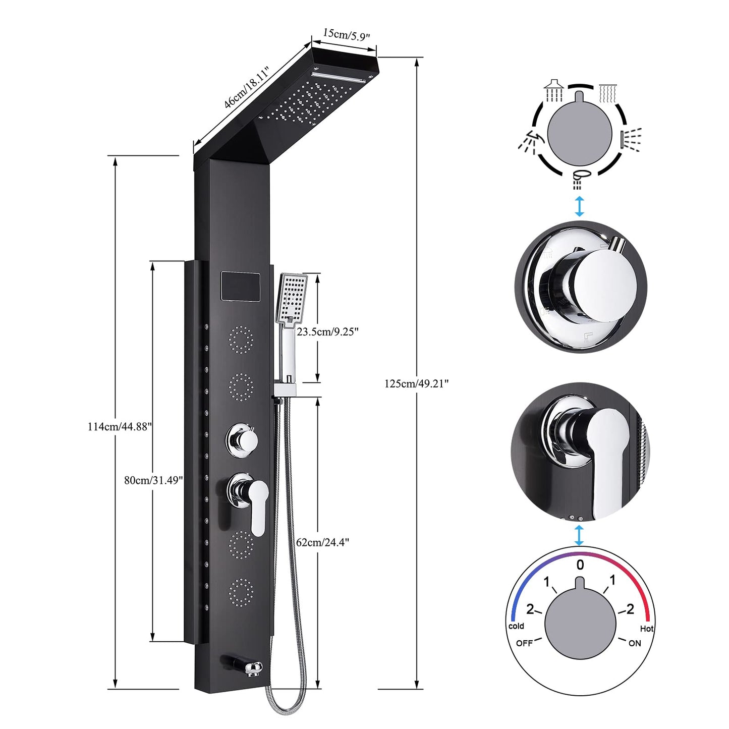 Black LED Multifunction Shower Panel with Stainless Steel Corner Mount Rain Shower Column Bathtub Faucet Shower System Shower Set No Battery Shower Fixture Set Hevenaov