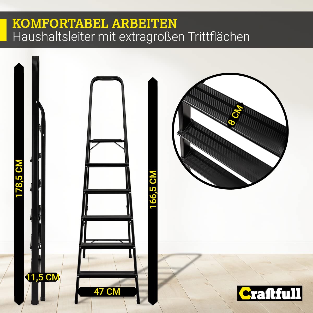 CRAFTFULL Step ladder CF-133A | 3-STEP VARIANT - 2-6 step ladder - Folding step stool - Stair ladder - Folding ladder - Household ladder - Standing ladder (6 steps Black Edition)