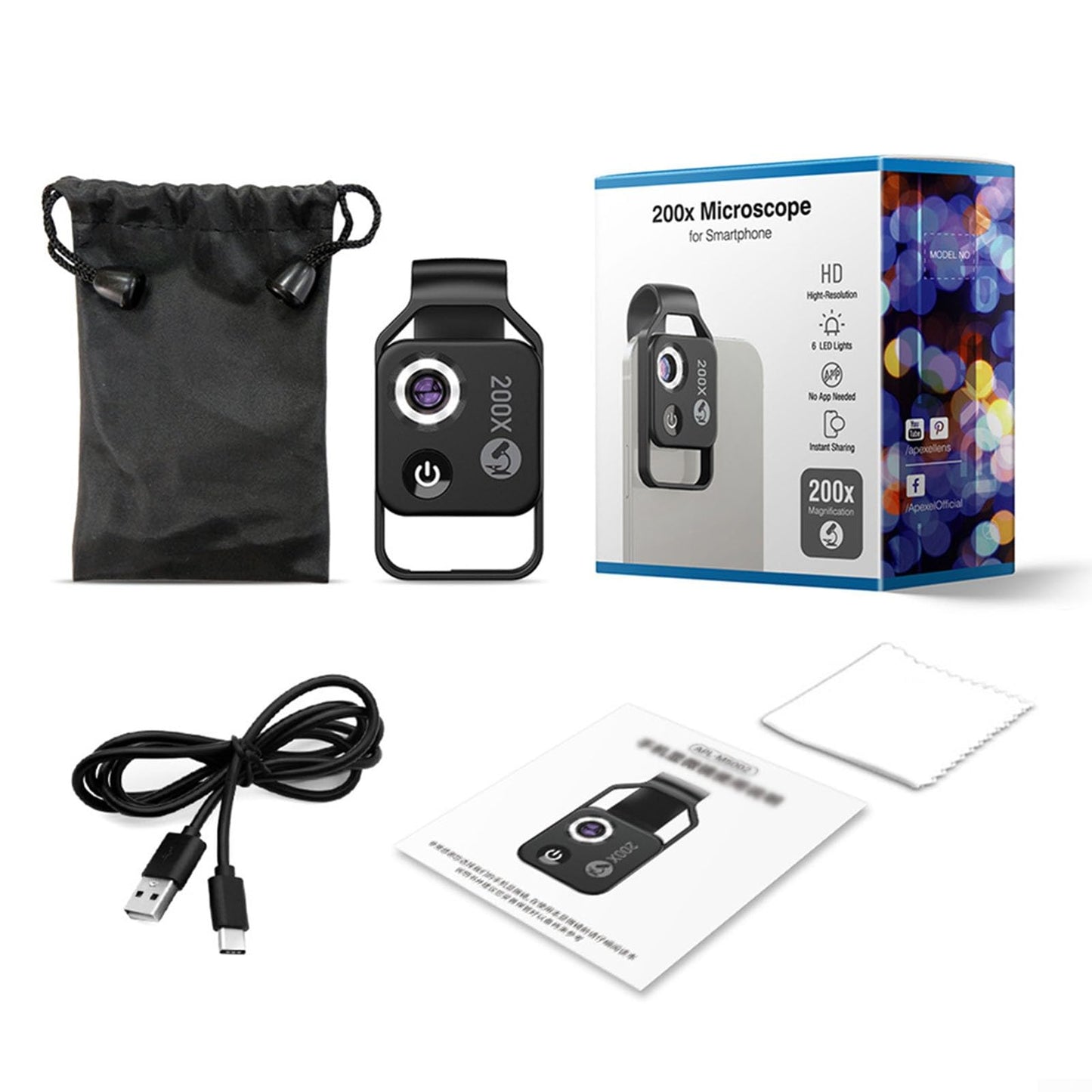 200 x mobile microscope lens with LED light, portable digital microscope for kids, handheld microscope, dermatoscope, skin diagnosis, hair analyzer