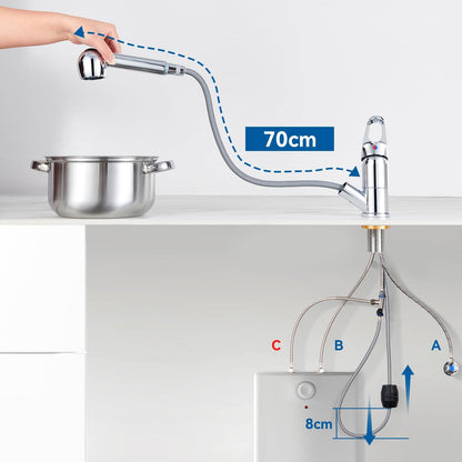 Auralum low pressure kitchen faucet, pull-out kitchen faucet, kitchen faucet low pressure with dual water jet modes, 360° rotatable kitchen mixer tap, faucet with 3 connections for boiler.