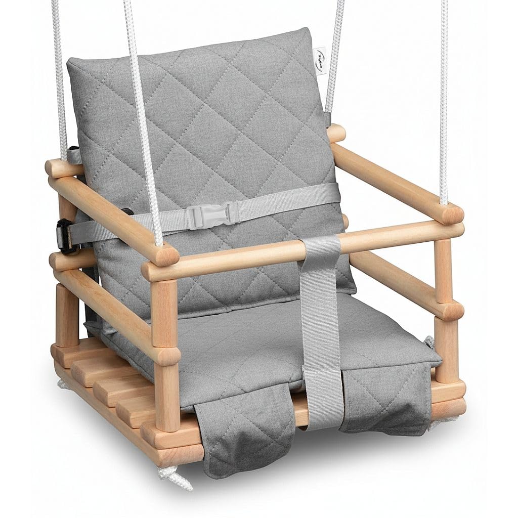 Wooden baby swing, children's swing, 3 in 1 swing for kids with safety belt, toddler swing, baby swing and swing seat, wooden children's swing for indoor and outdoor use (light grey)