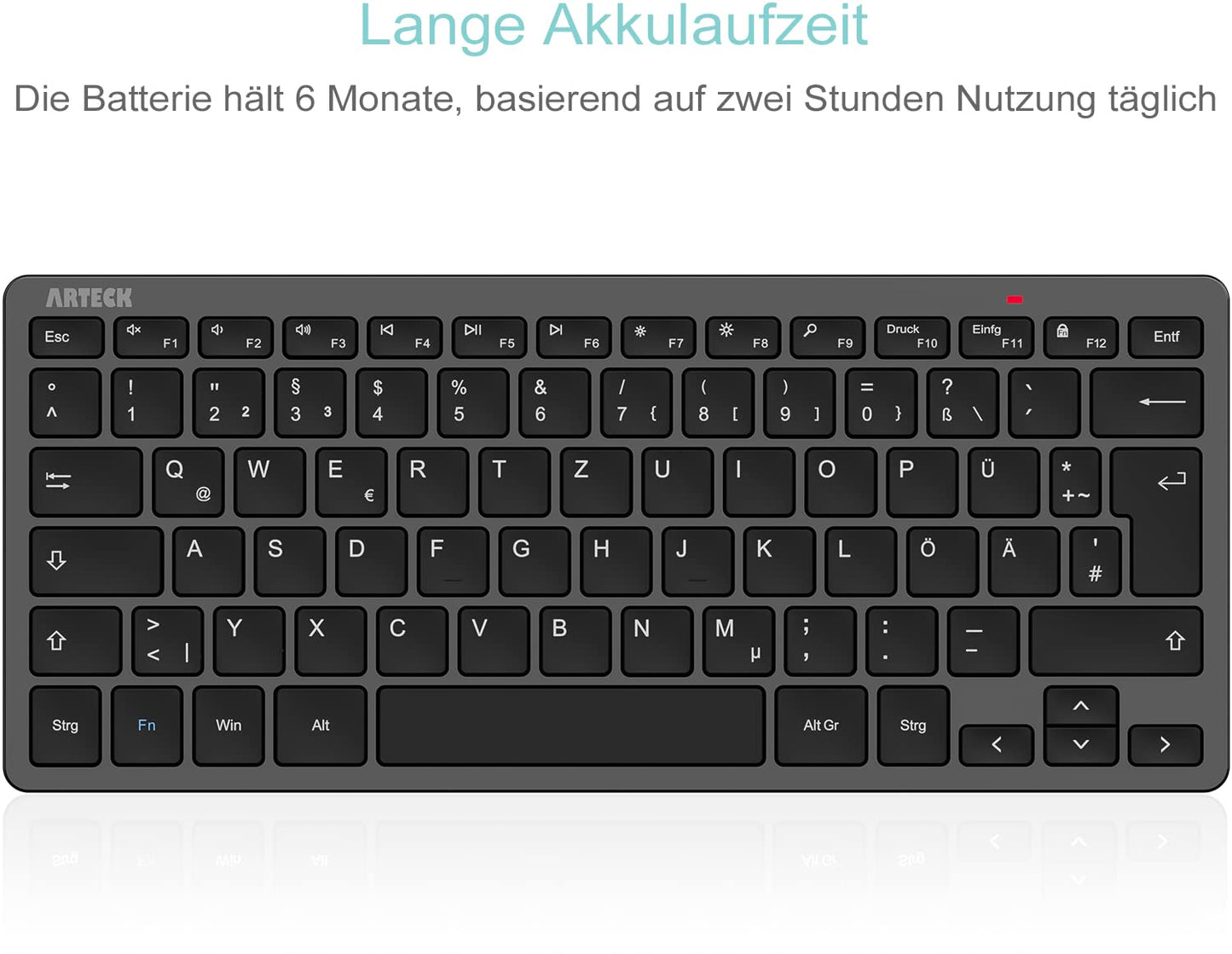 Arteck Wireless Keyboard, German QWERTZ Layout Compact USB 2.4 GHz Mini Wireless Keyboard with Multimedia Keys, Compatible with PC, Notebook, Laptop, Windows 11, 10, 8 Black.