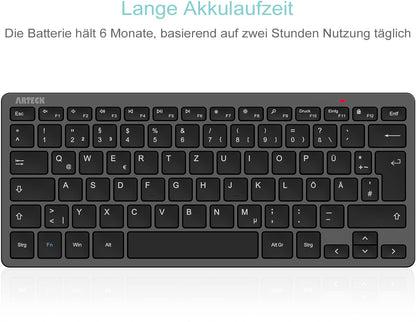 Arteck Wireless Keyboard, German QWERTZ Layout Compact USB 2.4 GHz Mini Wireless Keyboard with Multimedia Keys, Compatible with PC, Notebook, Laptop, Windows 11, 10, 8 Black.