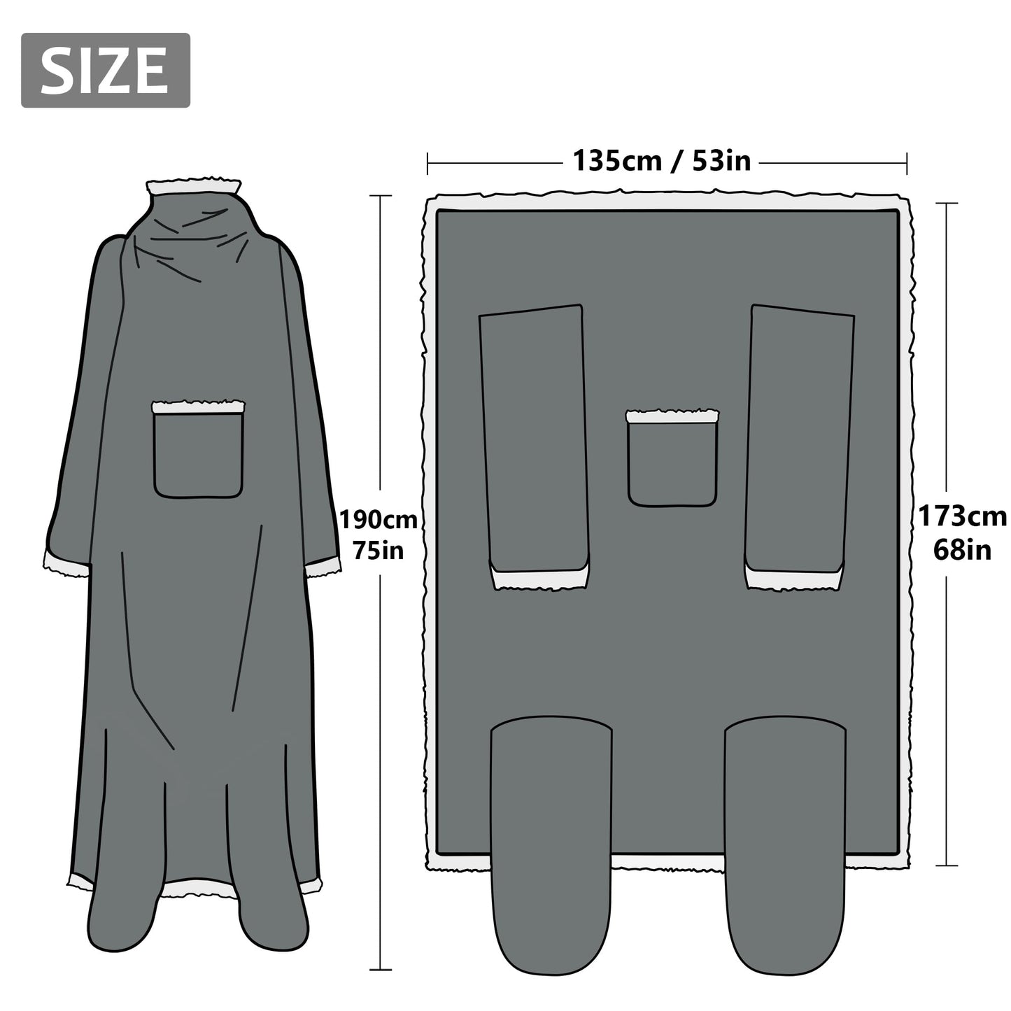Catalonia Classy Soft Blanket with Sleeves and Foot Pocket, Warm Gift for Women Men Christmas, Fluffy Sherpa Snuggle Blanket with Sleeves, Wearable Adult Throw Blanket, 190 x 135 cm Gray