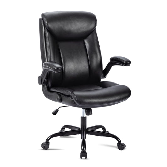 MZLEE Office Chair Ergonomic Desk Chair PU Leather Swivel Chair with Foldable Armrest, Height Adjustable, Comfortable for Office Home Gaming (Black)