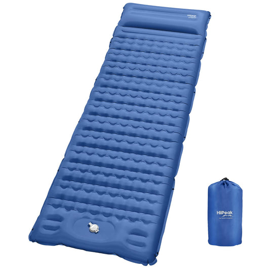 HiiPeak self-inflating camping mat 12cm thick with integrated pillow. Outdoor sleeping pad with small pack size and foot pump, inflatable air cells for high camping comfort.