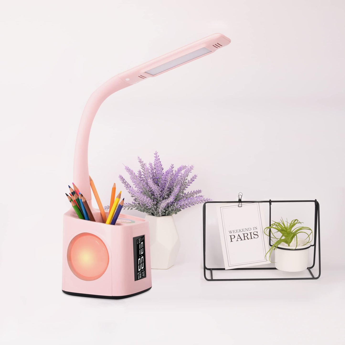 Wanjiaone Kids LED Desk Lamp, Dimmable Table Lamp with Clock, Bedside Table Lamp with 256 RGB Night Light/Pen Holder/USB Port/3 Brightness Levels/Alarm Clock for Study, Office