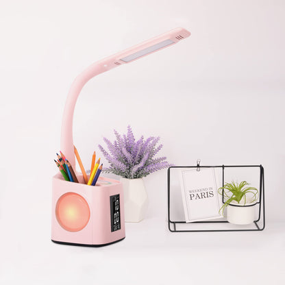 Wanjiaone Kids LED Desk Lamp, Dimmable Table Lamp with Clock, Bedside Table Lamp with 256 RGB Night Light/Pen Holder/USB Port/3 Brightness Levels/Alarm Clock for Study, Office