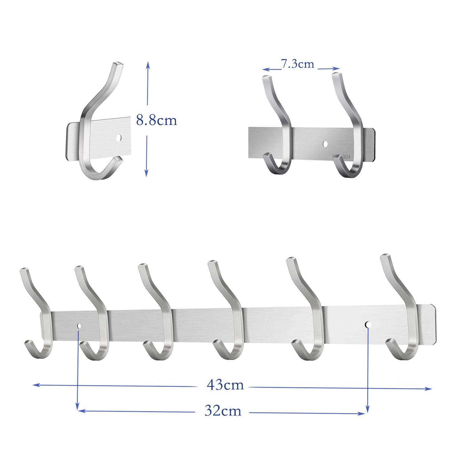 MEIJO stainless steel coat hooks, hook rail coat hooks wall with 6 hooks, wardrobe coat rack wall coat rack for bedroom bathroom kitchen (silver, 6 hooks 2 pieces)