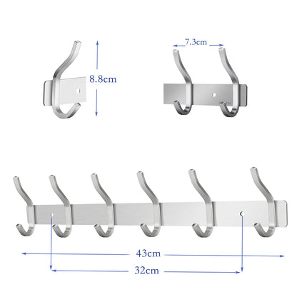 MEIJO stainless steel coat hooks, hook rail coat hooks wall with 6 hooks, wardrobe coat rack wall coat rack for bedroom bathroom kitchen (silver, 6 hooks 2 pieces)