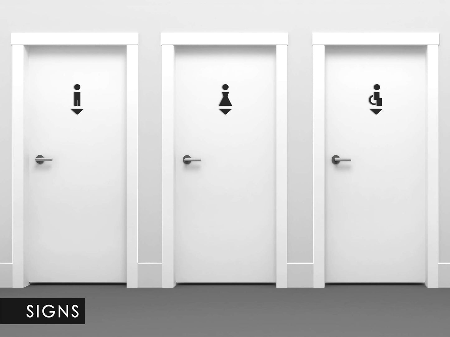 3DP Signs - Embossed Toilet Design Door Sign SA113 Black self-adhesive restroom signs - Modern ladies' restroom sticker bathroom sign for doors - Man, woman, and wheelchair user accessible toilet sign