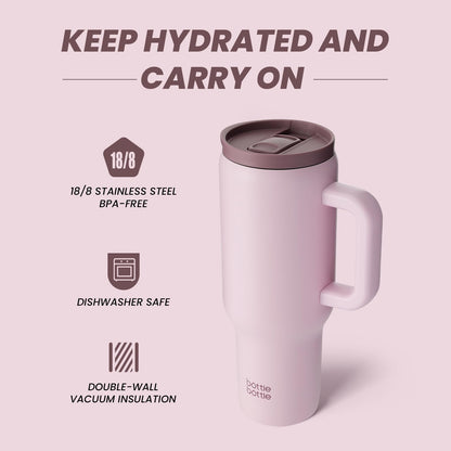 BOTTLE BOTTLE 40oz (1.1L) stainless steel coffee mug with handle & straw, BPA-free, insulated thermos cup for travel, office, school & sports, gift idea for coffee and tea lovers (Pink)