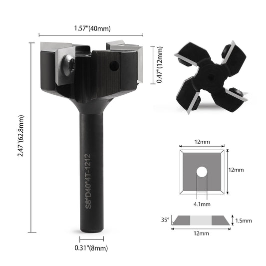 8mm shank 4 flute planer cutter with 10 interchangeable carbide inserts(12x12x1.5mm), diameter 40mm, CNC panel cutter cleaning cutter for router woodworking(D=40 S=8)