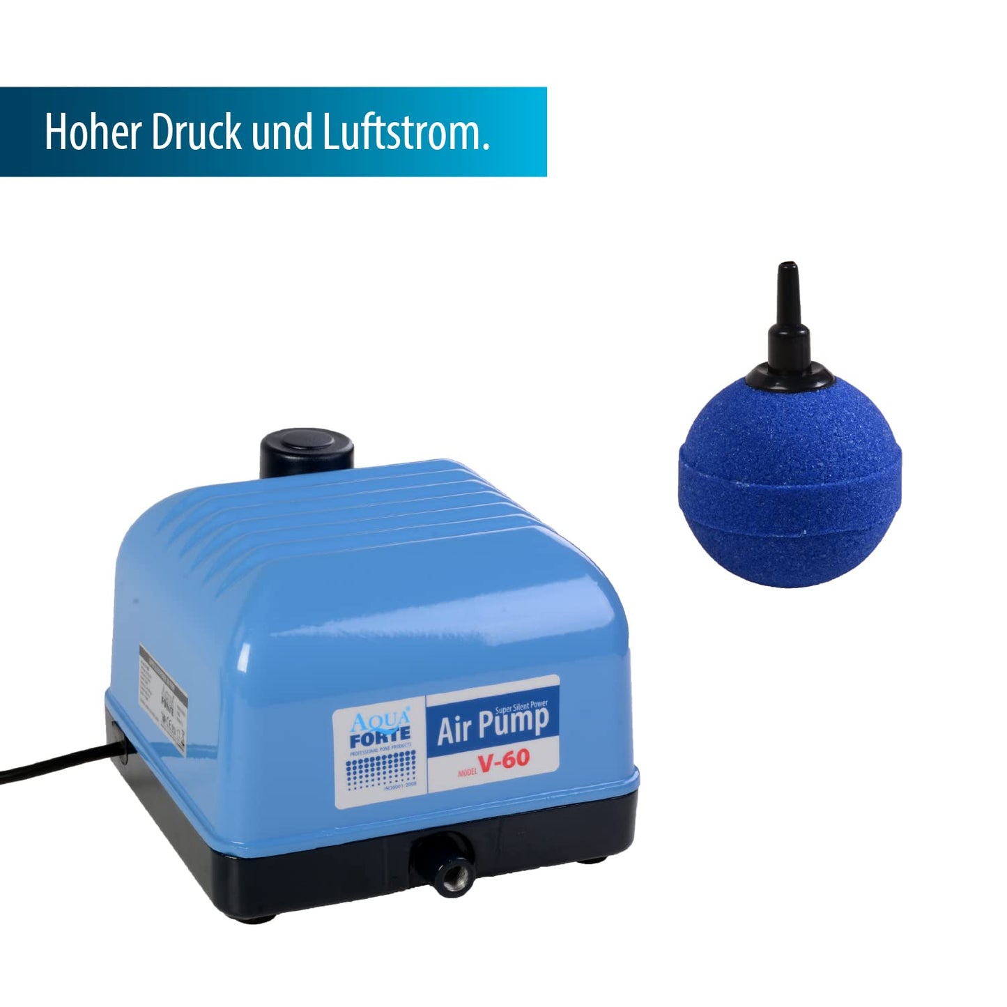 AquaForte Hi-Flow V-60 Air Pump Set, complete with air distributors, 50 m hose 4 x 6 mm, and 10 air stones 5 cm. Capacity at 2 meters 40 liters per minute. Maximum pond size 36 m3.