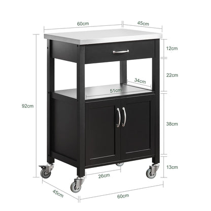 SoBuy Kitchen Cart with Worktop Serving Trolley with Wheels Side Table Wooden Trolley Kitchen Shelf Standing Versatile Kitchen Cabinet for Kitchen, Outdoor & Bedroom Black 60x92x45cm FKW22-SCH