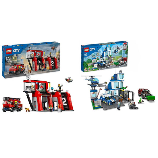 LEGO City Fire Station with ladder truck, fire playset & City Police Station with police car, garbage truck, and helicopter.