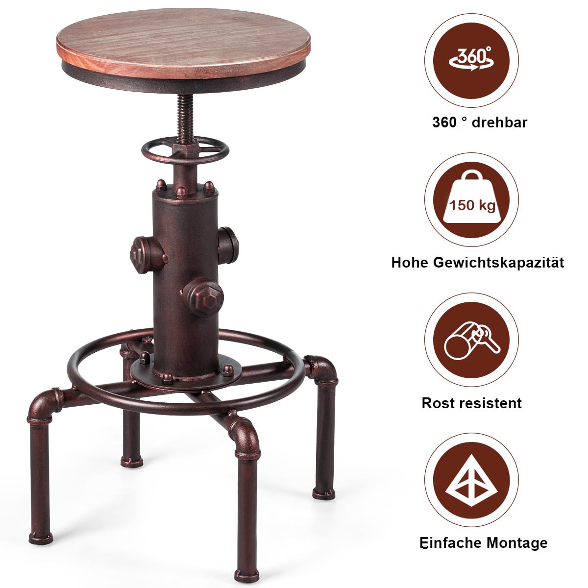 COSTWAY bar stool adjustable height, 59.5-75 cm, wooden and metal bar chair, counter stool with footrest, pine wood seat, vintage bistro stool, industrial kitchen stool for restaurants, cafes.