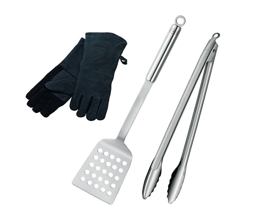 RÖSLE Barbecue Set 3-piece, high-quality grill set with leather BBQ gloves, BBQ turner, 40 cm grill tongs, stainless steel 18/10, dishwasher safe.