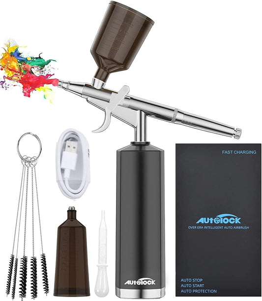 Autolock Airbrush Set 32PSI Compressor Portable Airbrush Kit and rechargeable manual Airbrush Set for makeup, cake decoration, coloring patterns, nail art, tattoo-2 Cup