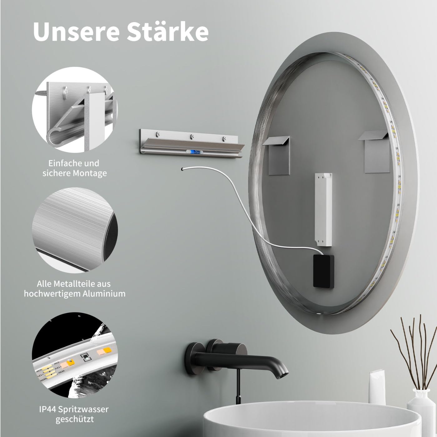 HOKO round 60cm LED bathroom mirror with touch switch+memory function+lighting change 2700-6500K warm white-cool white-neutral