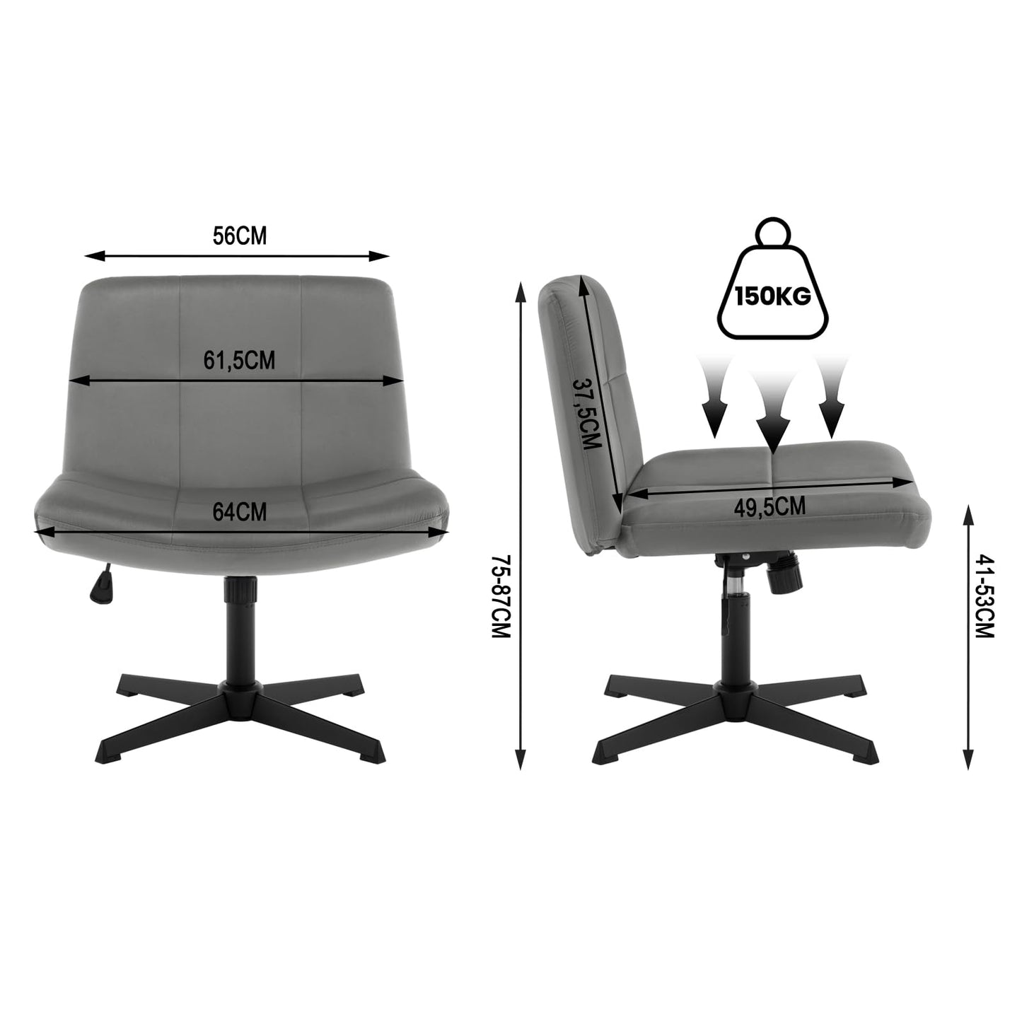 WOLTU Office Chair without armrests, height adjustable swivel chair without casters, desk chair with velvet cover, reading chair with wide seat, rocking function, 150 kg load capacity, Dark Grey, BS158dgr