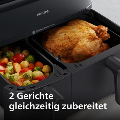 Philips Steam Airfryer 5000 Series Dual Basket - Airfryer & Steamer in one device, 9L, RapidAir Plus Technology, 19 cooking functions, 90% less fat, 2 baskets, steam cleaning (NA550/00)