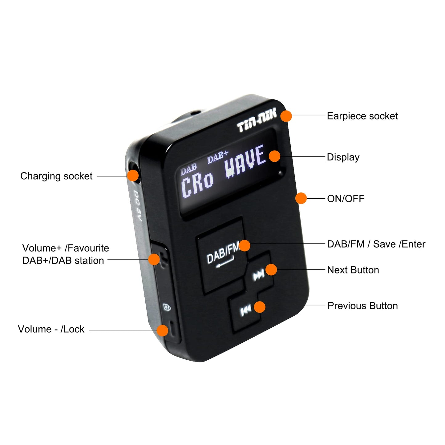 Tin-Nik DAB-379 Portable Digital DAB+/DAB/FM Mini Radio - Pocket DAB for sports, walking, running, or cycling, rechargeable battery, stereo headphones included.