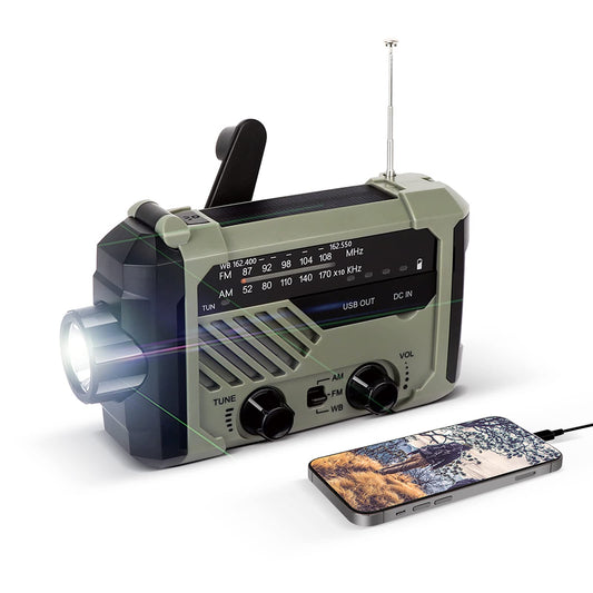 LAMA Solar Radio AM/FM crank radio emergency radio 2000mAh power bank USB rechargeable with hand crank dynamo LED lamp reading light SOS alarm for outdoor hiking camping survival travel emergency army green