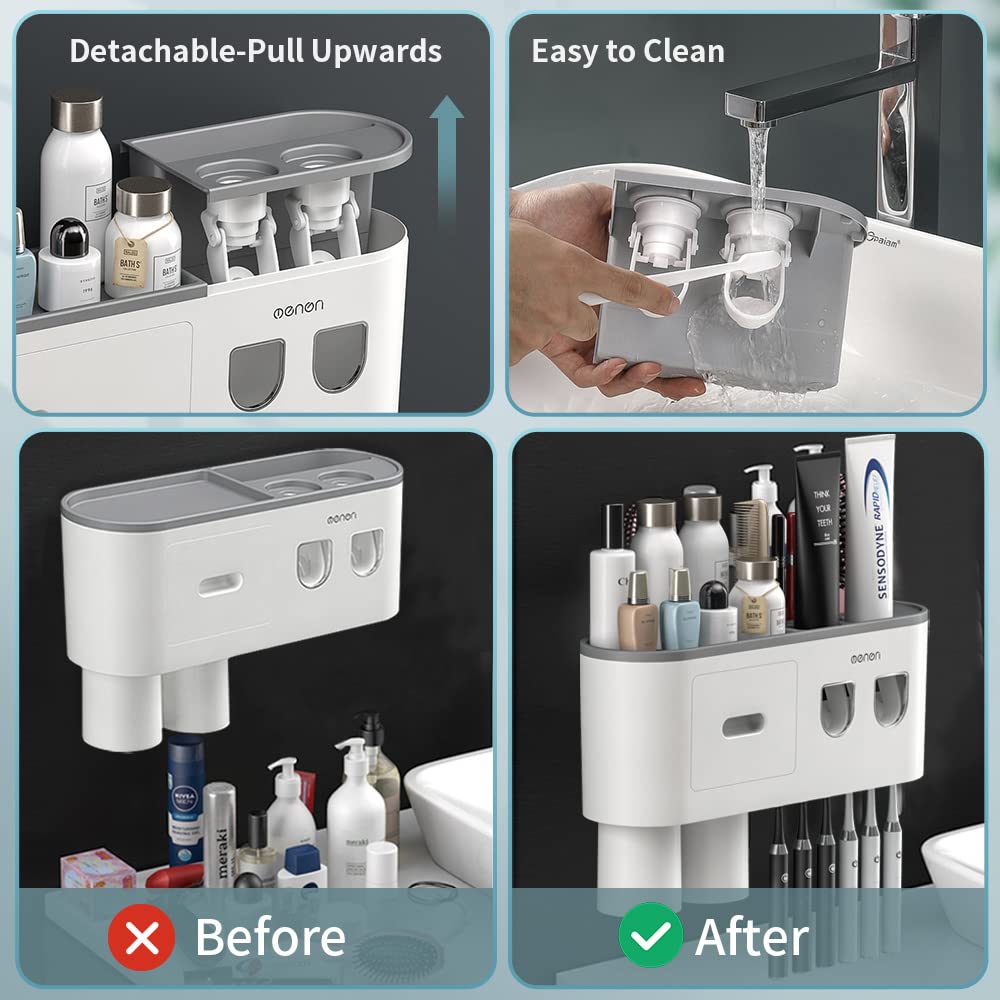 BHeadCat toothbrush holder, wall-mounted toothbrush holder with double automatic toothpaste dispenser for kids and adults, 6 brush slots, 2 magnetic cups, Gray.