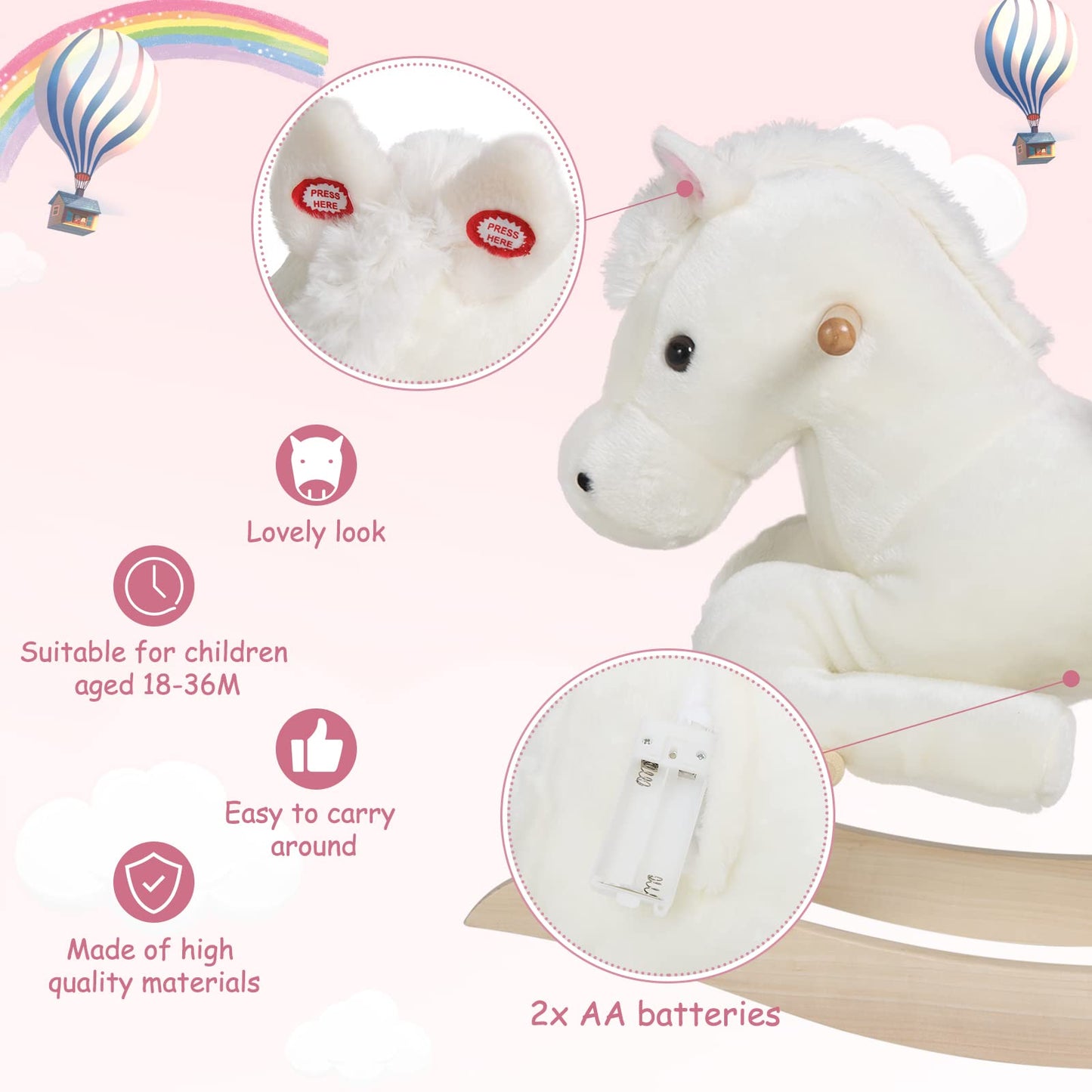 WOLTU Baby Rocking Horse Rocking Animal Rocking Seat Plush Rocking Toy with Strap, PP Cotton, White+Pink