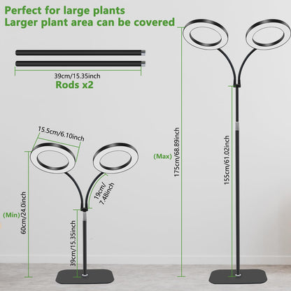 Niello Grow Lamp with Stand, 2-Head LED Plant Light for indoor Plants, Full Spectrum Growth Lamp, Auto on/off 3/9/12H Timer, 10 dimmable Levels, Adjustable Height for tall Plants.